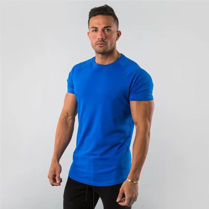 Solid Cotton Short Sleeve T-Shirt Men Gym Clothing Fashion Tees Sports Bodybuilding Fitness T Shirt